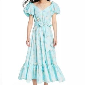 LoveShackFancy Estelle Dress 6 Bridgerton Style Blue Floral Puff Sleeve Nwot